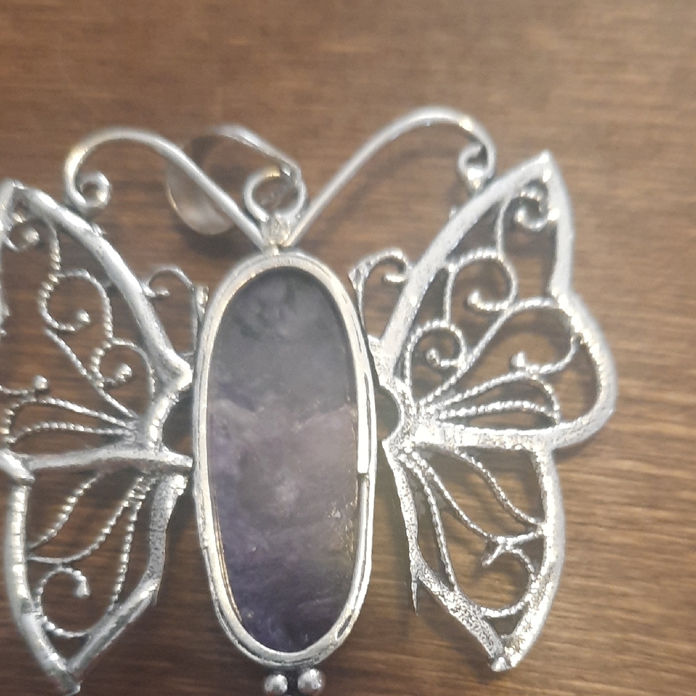 Elegant Silver Butterfly Pendant with Purple Stone - Picture 3 of 4